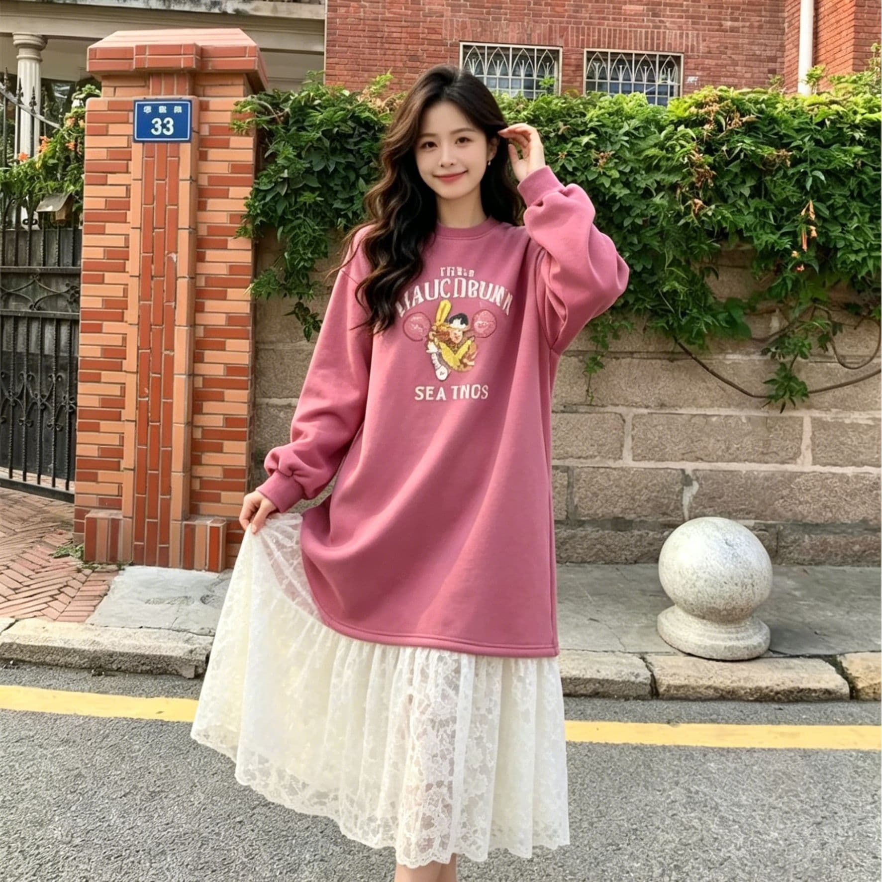 한 부서 느긋한 바람 만화 알파벳 의류 드레스 패치워크 화이트 레이스 드레스 루즈핏 슬림해 보이는 부드러운 요정 치마