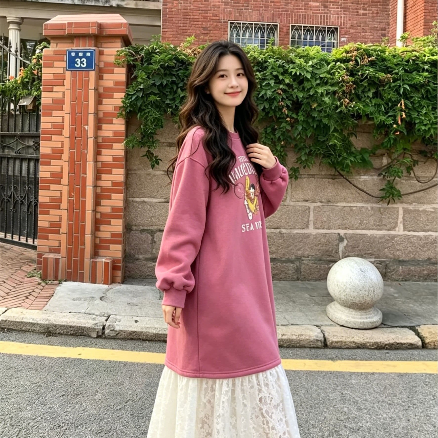 한 부서 느긋한 바람 만화 알파벳 의류 드레스 패치워크 화이트 레이스 드레스 루즈핏 슬림해 보이는 부드러운 요정 치마 이미지 2