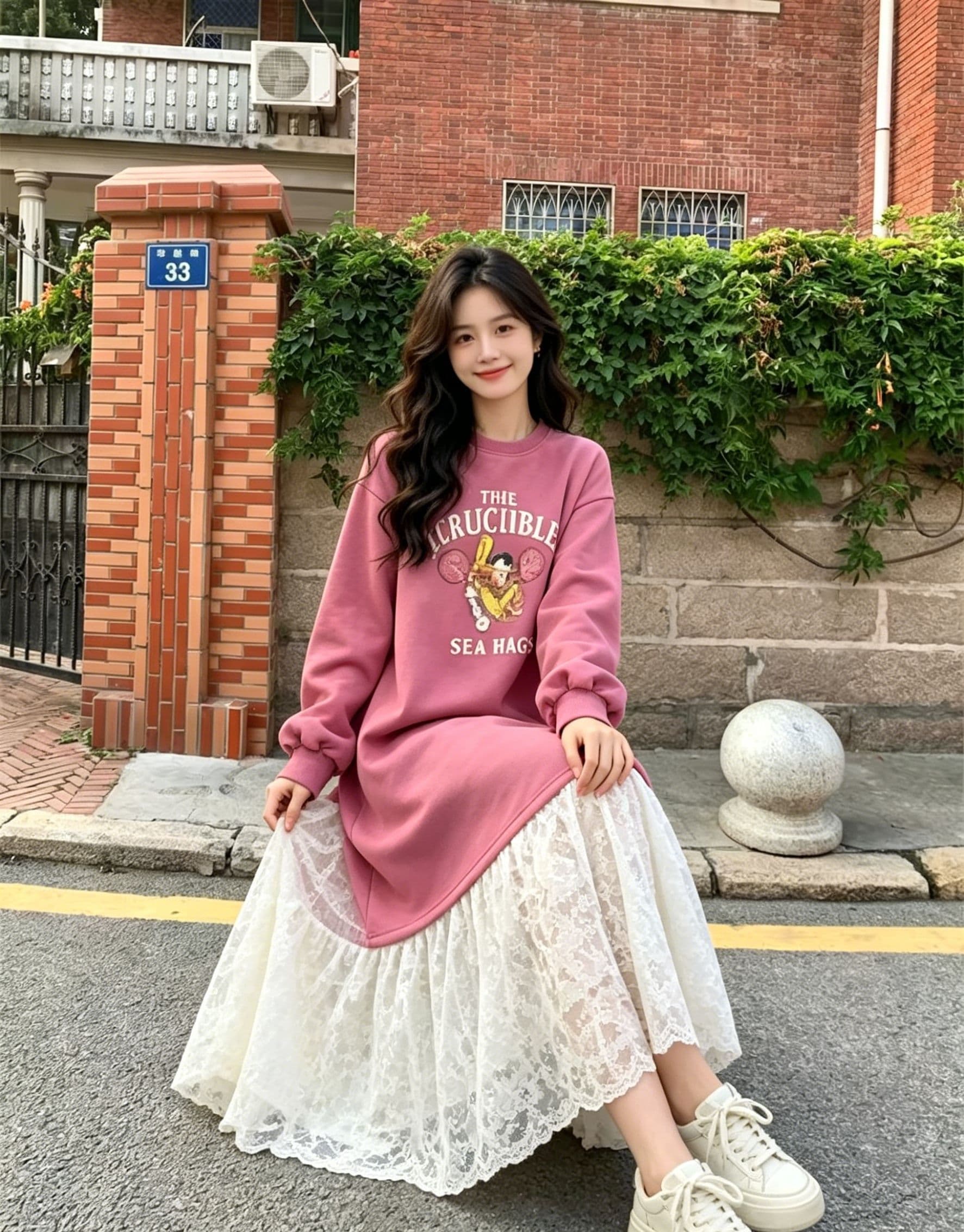 한 부서 느긋한 바람 만화 알파벳 의류 드레스 패치워크 화이트 레이스 드레스 루즈핏 슬림해 보이는 부드러운 요정 치마 상세 이미지 1
