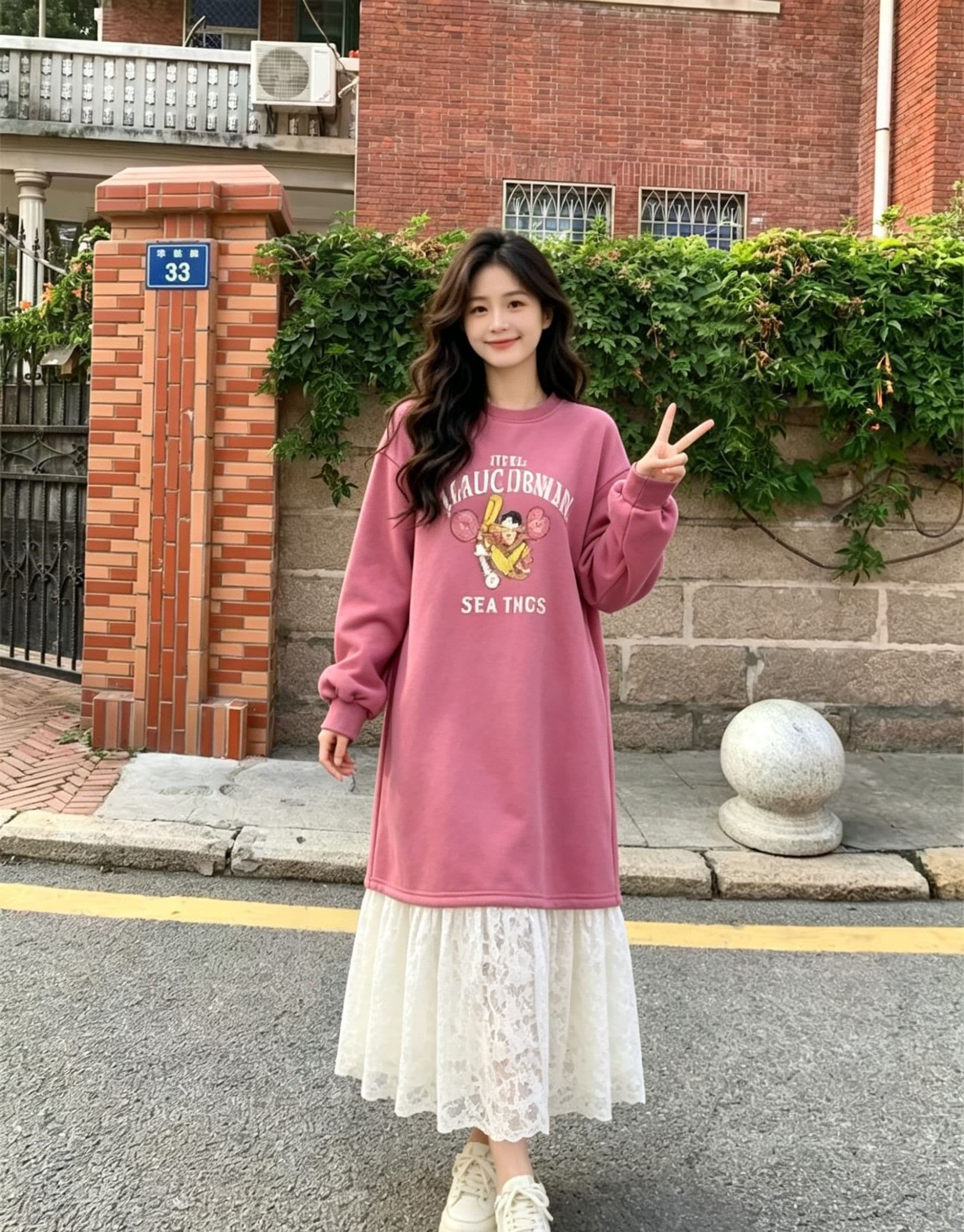 한 부서 느긋한 바람 만화 알파벳 의류 드레스 패치워크 화이트 레이스 드레스 루즈핏 슬림해 보이는 부드러운 요정 치마 상세 이미지 2