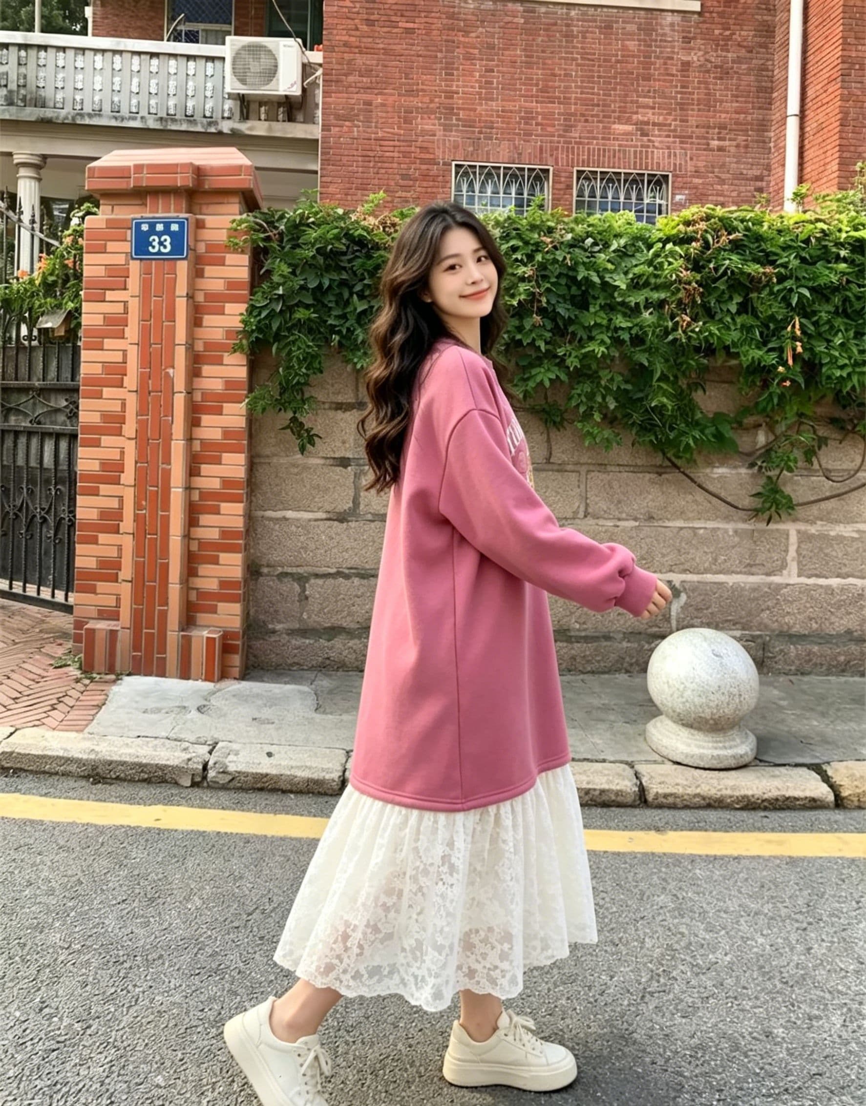 한 부서 느긋한 바람 만화 알파벳 의류 드레스 패치워크 화이트 레이스 드레스 루즈핏 슬림해 보이는 부드러운 요정 치마 상세 이미지 3
