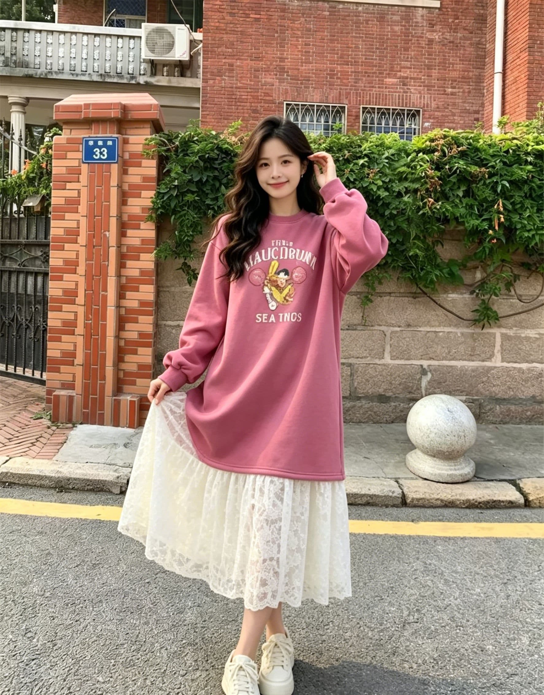 한 부서 느긋한 바람 만화 알파벳 의류 드레스 패치워크 화이트 레이스 드레스 루즈핏 슬림해 보이는 부드러운 요정 치마 상세 이미지 4