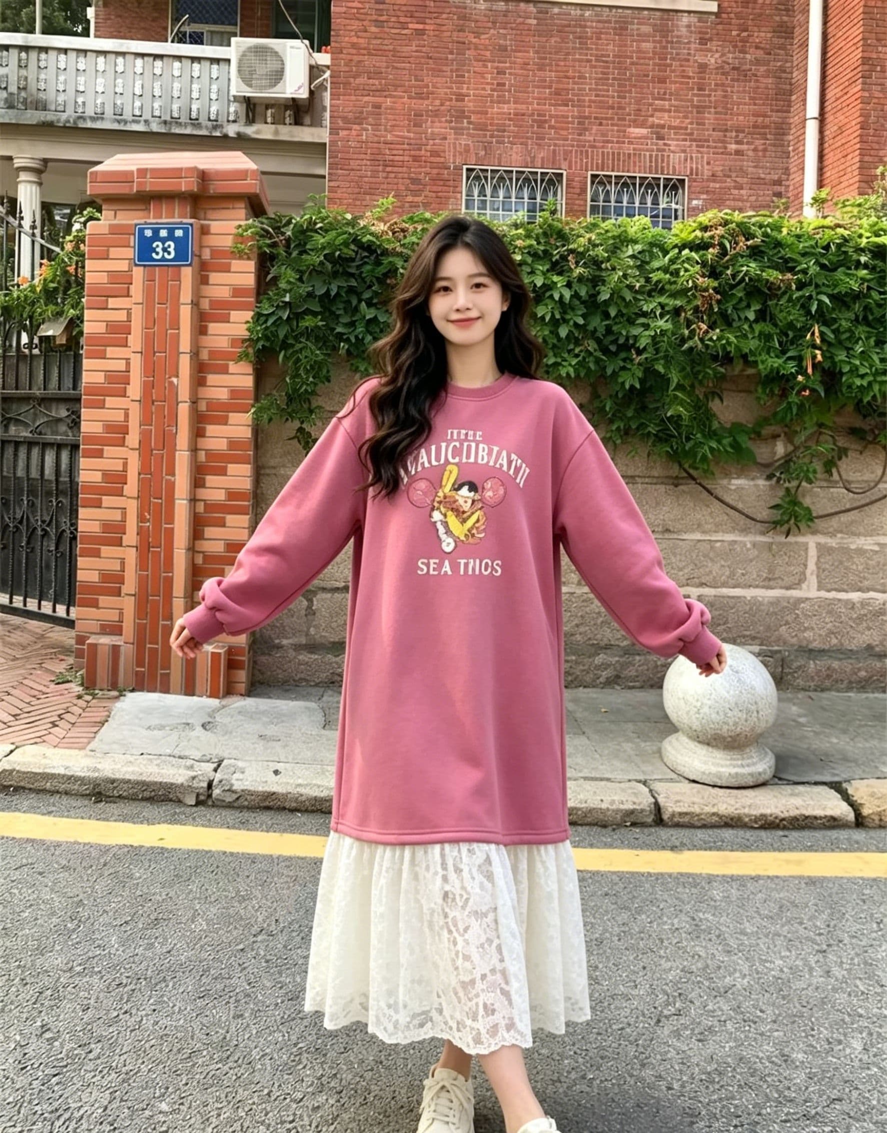 한 부서 느긋한 바람 만화 알파벳 의류 드레스 패치워크 화이트 레이스 드레스 루즈핏 슬림해 보이는 부드러운 요정 치마 상세 이미지 5