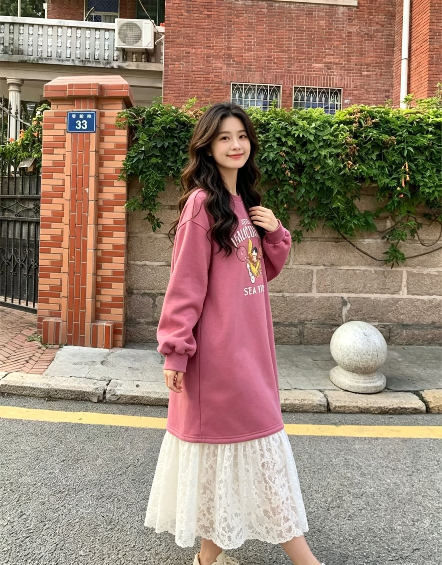 한 부서 느긋한 바람 만화 알파벳 의류 드레스 패치워크 화이트 레이스 드레스 루즈핏 슬림해 보이는 부드러운 요정 치마 상세 이미지 6