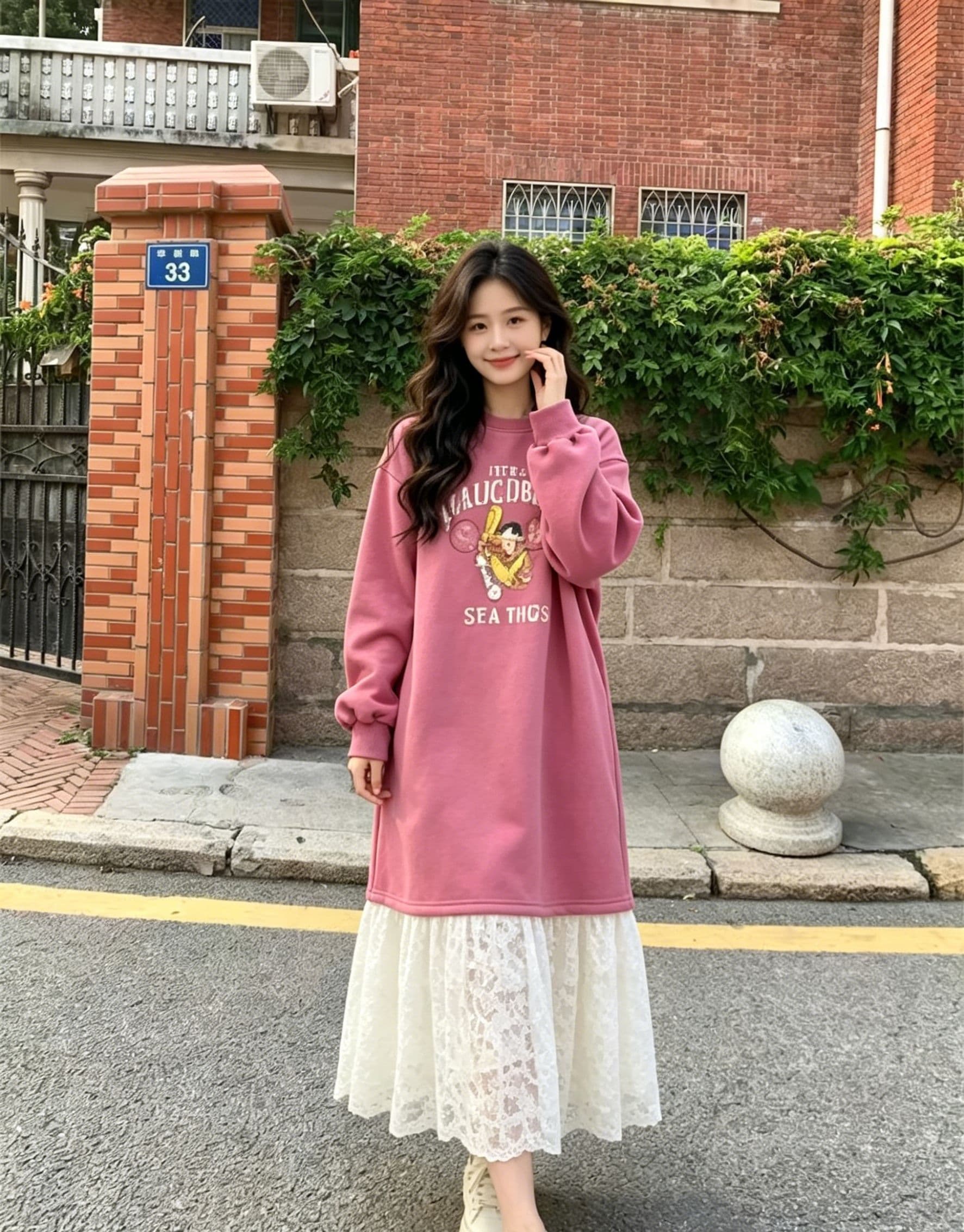 한 부서 느긋한 바람 만화 알파벳 의류 드레스 패치워크 화이트 레이스 드레스 루즈핏 슬림해 보이는 부드러운 요정 치마 상세 이미지 7