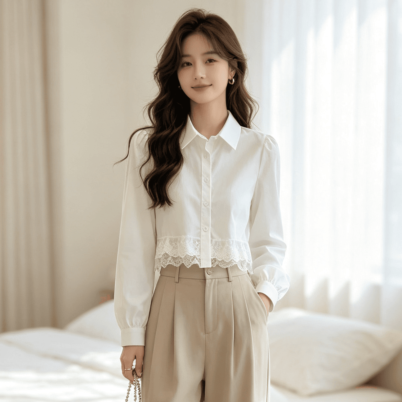 프랑스식 달콤함 화이트 레이스 조각 여성 셔츠 가을 새로운 디자인 센스 작은 대중 외국 가스 연령 감소 쇼트 스타일 맨위 이미지 4