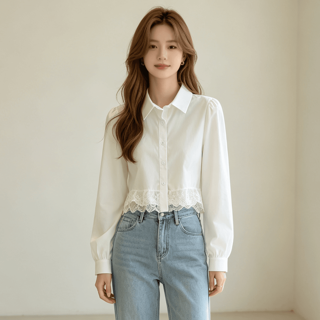 프랑스식 달콤함 화이트 레이스 조각 여성 셔츠 가을 새로운 디자인 센스 작은 대중 외국 가스 연령 감소 쇼트 스타일 맨위 이미지 5