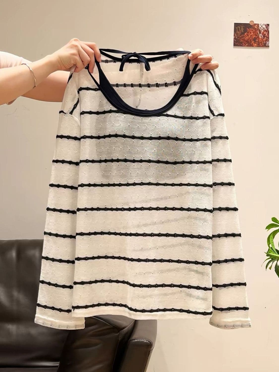 한국 스타일 스트라이프 자외선 차단 블라우스 여성 여름 루즈핏 행침 목 슬립 긴팔 투피스 슈트 맨위 상세 이미지 7