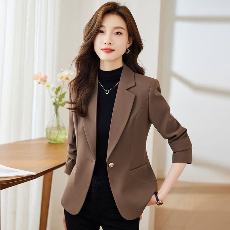 한국 스타일 커피 색상 정장 여성 코트 새로운 봄 가을 패션 다용도 빛 요리 한 바람 작은 키 캐주얼 정장 맨위