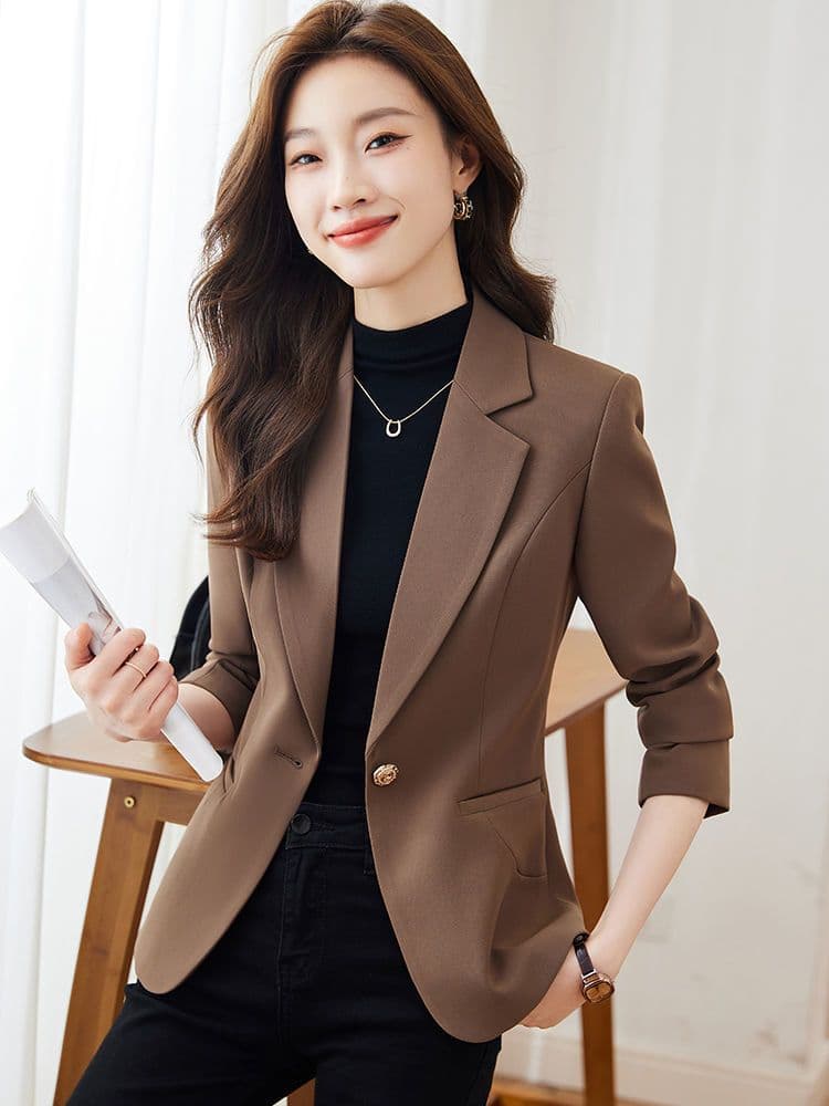 한국 스타일 커피 색상 정장 여성 코트 새로운 봄 가을 패션 다용도 빛 요리 한 바람 작은 키 캐주얼 정장 맨위 이미지 3