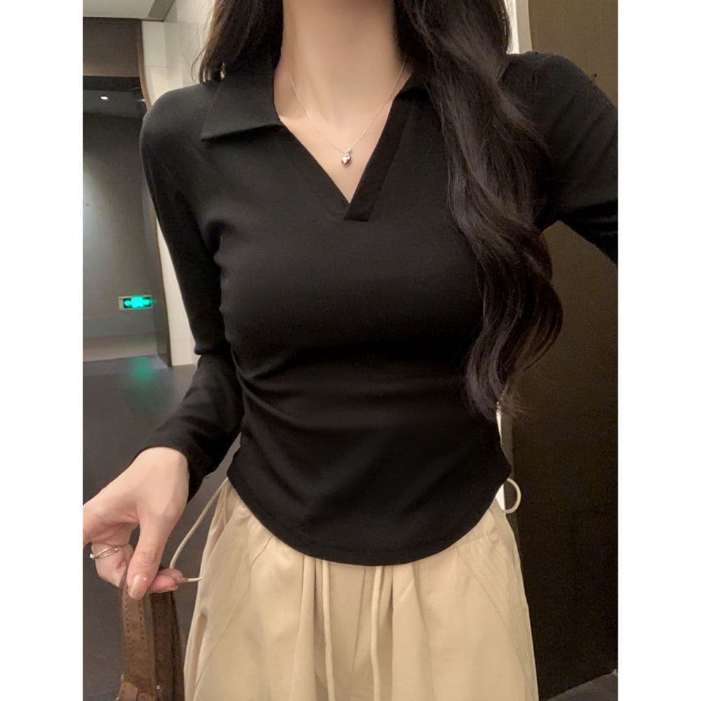 한국 스타일 단색 POLO 칼라 긴팔 티셔츠 여성 가을 펌프 Pleat 허리 수축 디자인 아메리칸 순면 쇼트 스타일 긍정적 인 어깨 의류 이미지 3