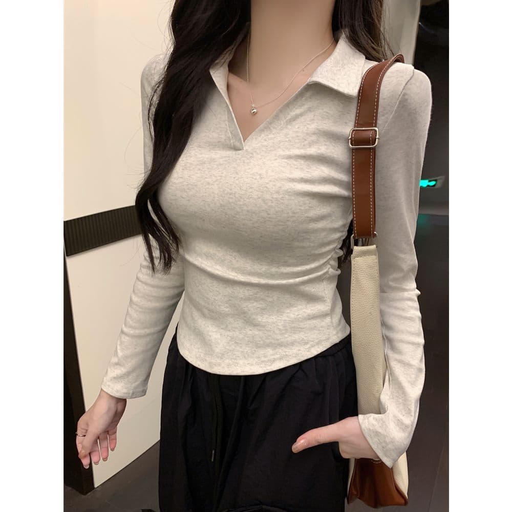 한국 스타일 단색 POLO 칼라 긴팔 티셔츠 여성 가을 펌프 Pleat 허리 수축 디자인 아메리칸 순면 쇼트 스타일 긍정적 인 어깨 의류 이미지 4