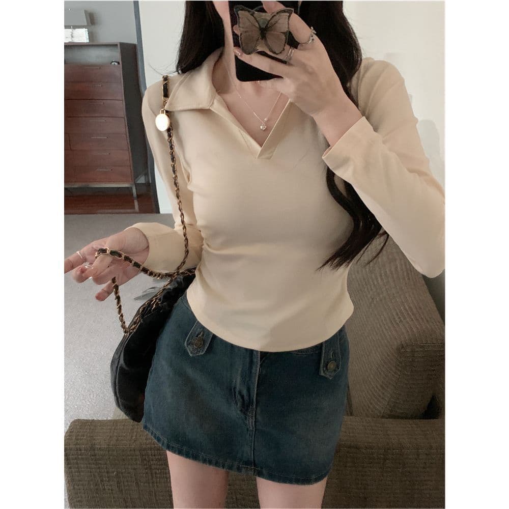 한국 스타일 단색 POLO 칼라 긴팔 티셔츠 여성 가을 펌프 Pleat 허리 수축 디자인 아메리칸 순면 쇼트 스타일 긍정적 인 어깨 의류 이미지 5