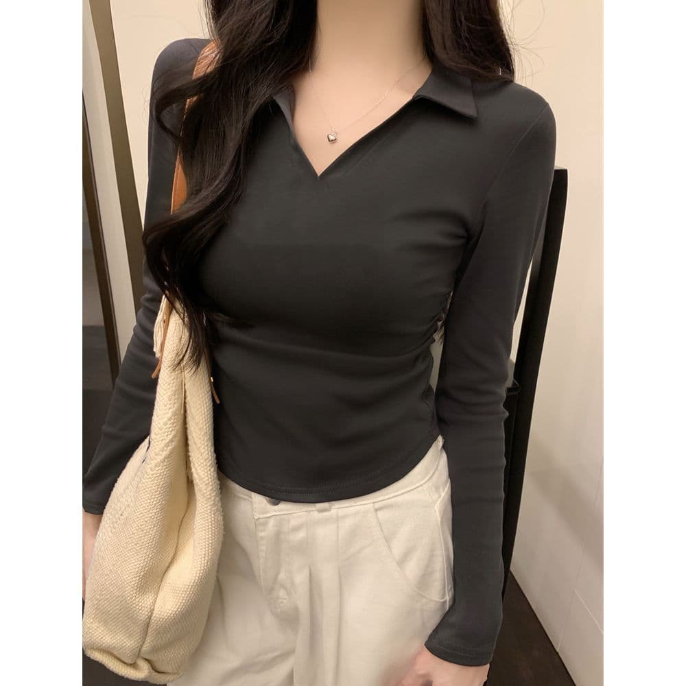 한국 스타일 단색 POLO 칼라 긴팔 티셔츠 여성 가을 펌프 Pleat 허리 수축 디자인 아메리칸 순면 쇼트 스타일 긍정적 인 어깨 의류 이미지 2