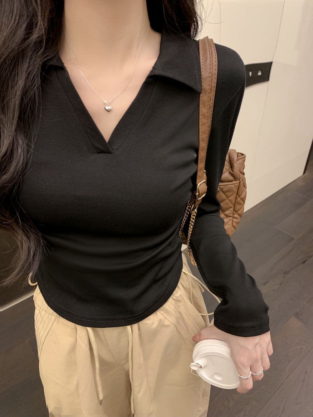 한국 스타일 단색 POLO 칼라 긴팔 티셔츠 여성 가을 펌프 Pleat 허리 수축 디자인 아메리칸 순면 쇼트 스타일 긍정적 인 어깨 의류 상세 이미지 9