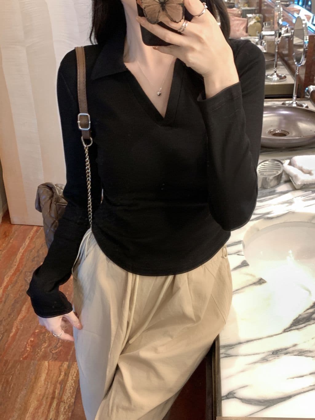 한국 스타일 단색 POLO 칼라 긴팔 티셔츠 여성 가을 펌프 Pleat 허리 수축 디자인 아메리칸 순면 쇼트 스타일 긍정적 인 어깨 의류 상세 이미지 11