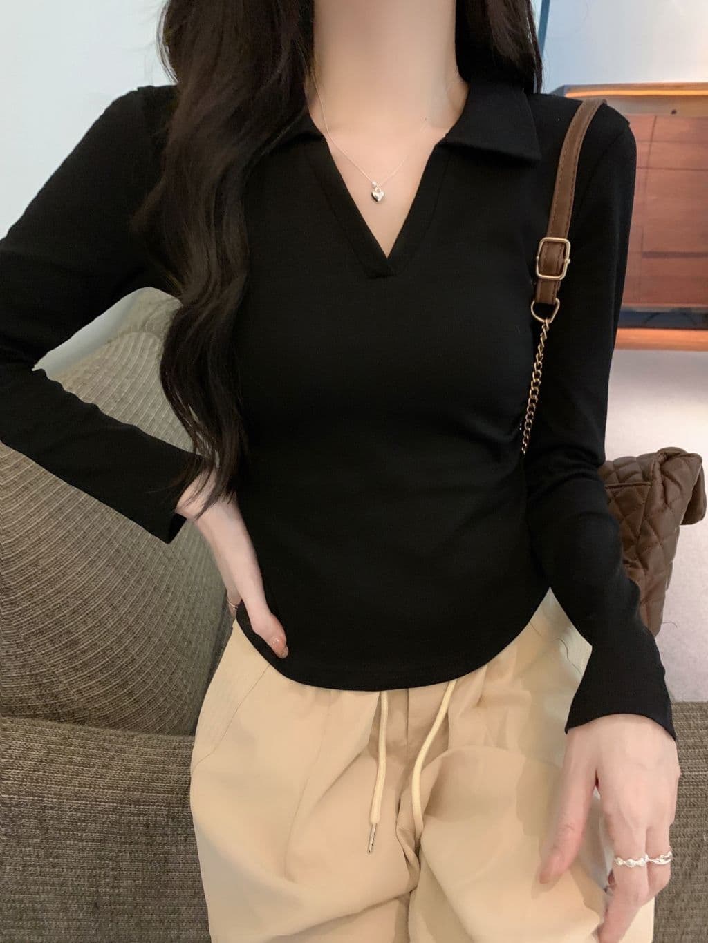 한국 스타일 단색 POLO 칼라 긴팔 티셔츠 여성 가을 펌프 Pleat 허리 수축 디자인 아메리칸 순면 쇼트 스타일 긍정적 인 어깨 의류 상세 이미지 12