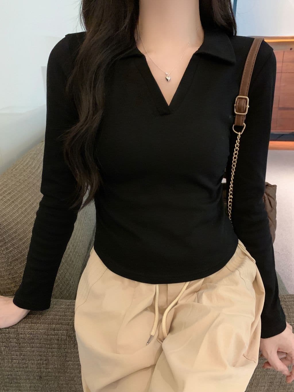 한국 스타일 단색 POLO 칼라 긴팔 티셔츠 여성 가을 펌프 Pleat 허리 수축 디자인 아메리칸 순면 쇼트 스타일 긍정적 인 어깨 의류 상세 이미지 13