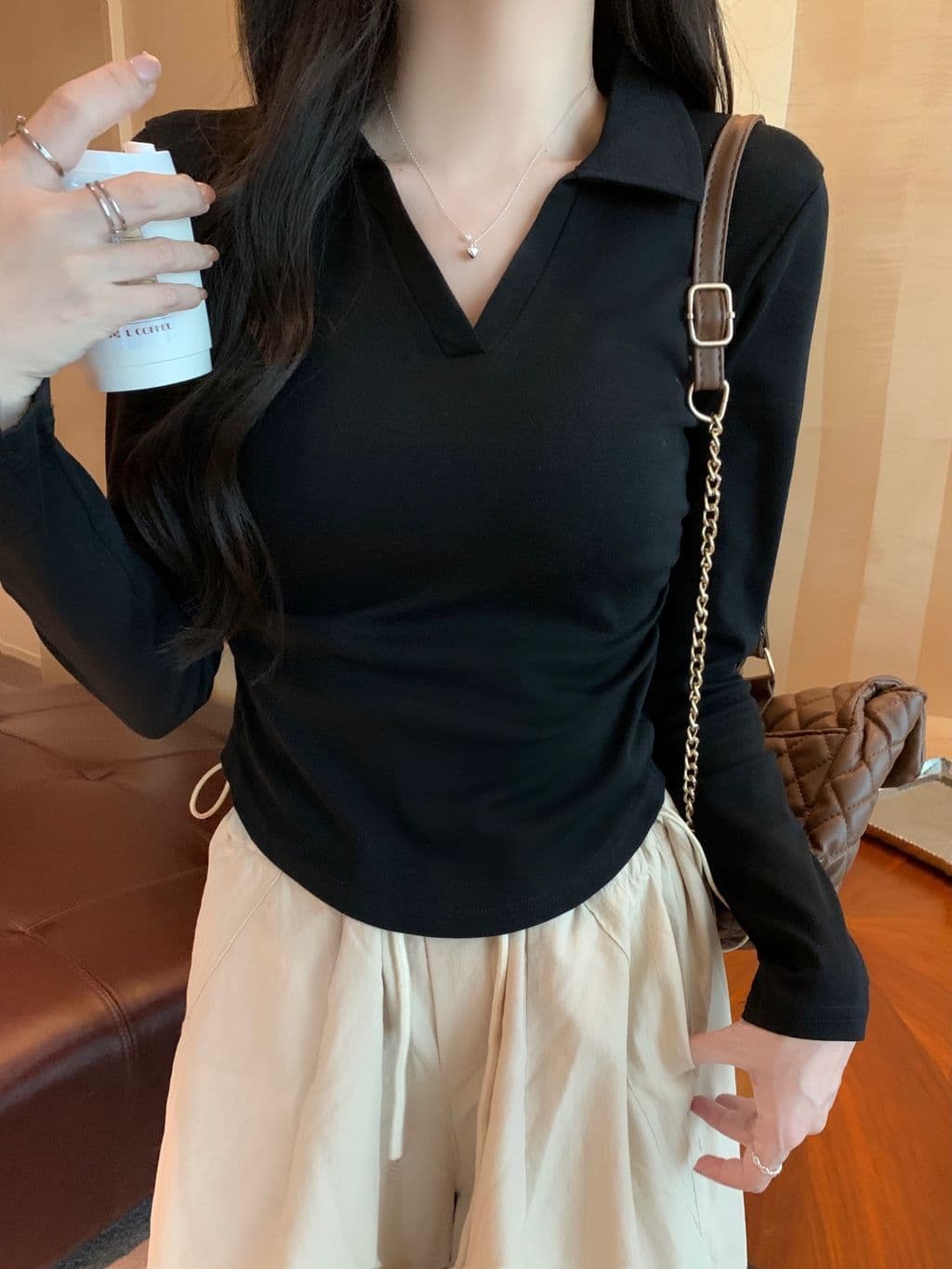 한국 스타일 단색 POLO 칼라 긴팔 티셔츠 여성 가을 펌프 Pleat 허리 수축 디자인 아메리칸 순면 쇼트 스타일 긍정적 인 어깨 의류 상세 이미지 14