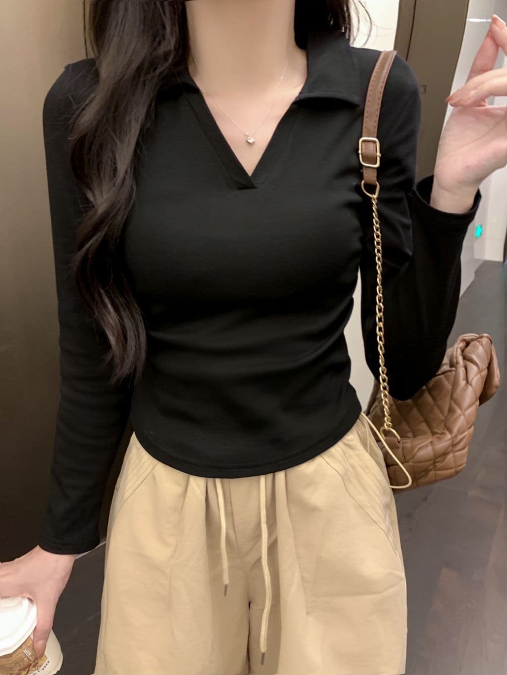 한국 스타일 단색 POLO 칼라 긴팔 티셔츠 여성 가을 펌프 Pleat 허리 수축 디자인 아메리칸 순면 쇼트 스타일 긍정적 인 어깨 의류 상세 이미지 15