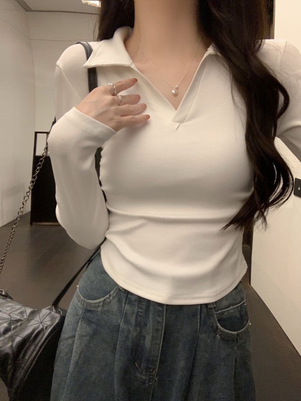 한국 스타일 단색 POLO 칼라 긴팔 티셔츠 여성 가을 펌프 Pleat 허리 수축 디자인 아메리칸 순면 쇼트 스타일 긍정적 인 어깨 의류 상세 이미지 18