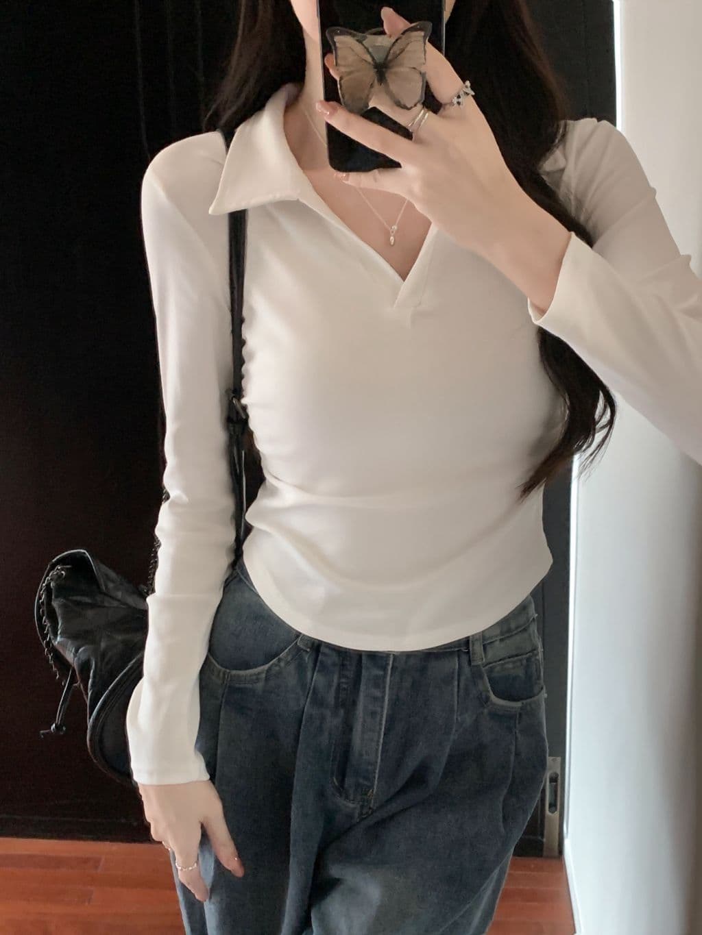 한국 스타일 단색 POLO 칼라 긴팔 티셔츠 여성 가을 펌프 Pleat 허리 수축 디자인 아메리칸 순면 쇼트 스타일 긍정적 인 어깨 의류 상세 이미지 21