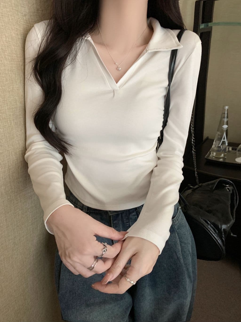 한국 스타일 단색 POLO 칼라 긴팔 티셔츠 여성 가을 펌프 Pleat 허리 수축 디자인 아메리칸 순면 쇼트 스타일 긍정적 인 어깨 의류 상세 이미지 23