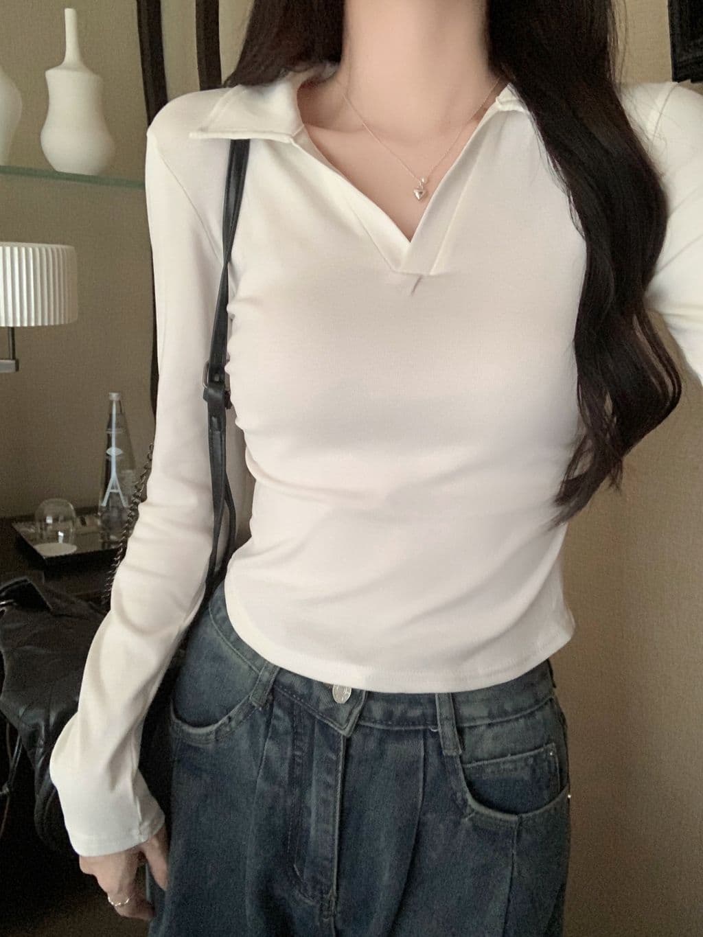 한국 스타일 단색 POLO 칼라 긴팔 티셔츠 여성 가을 펌프 Pleat 허리 수축 디자인 아메리칸 순면 쇼트 스타일 긍정적 인 어깨 의류 상세 이미지 24