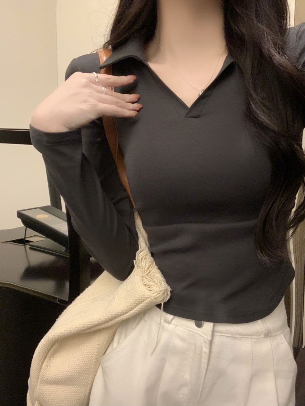 한국 스타일 단색 POLO 칼라 긴팔 티셔츠 여성 가을 펌프 Pleat 허리 수축 디자인 아메리칸 순면 쇼트 스타일 긍정적 인 어깨 의류 상세 이미지 25