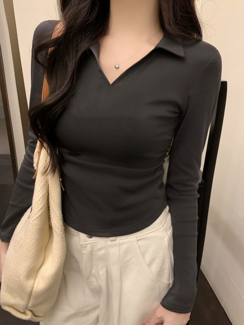 한국 스타일 단색 POLO 칼라 긴팔 티셔츠 여성 가을 펌프 Pleat 허리 수축 디자인 아메리칸 순면 쇼트 스타일 긍정적 인 어깨 의류 상세 이미지 28