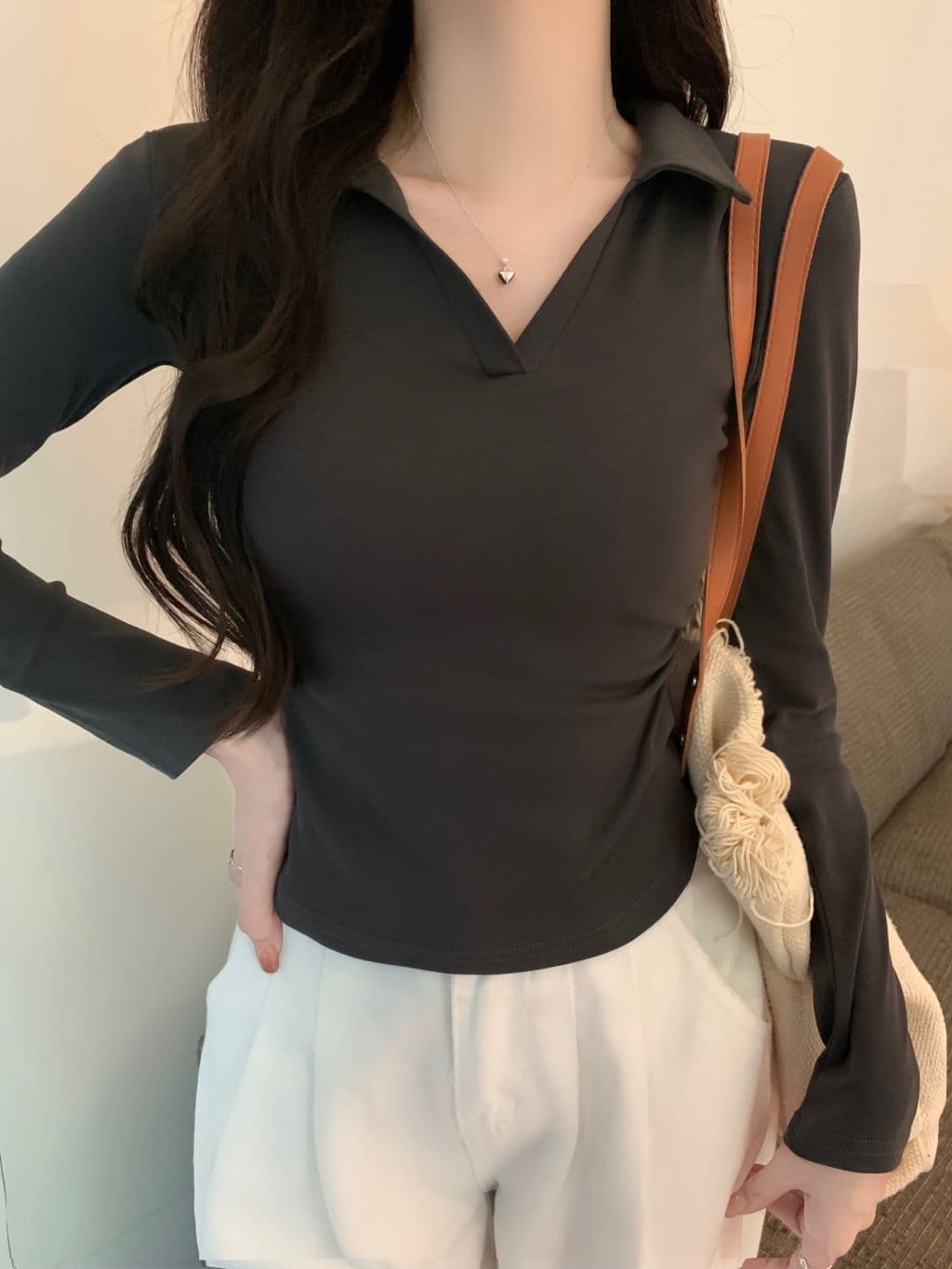 한국 스타일 단색 POLO 칼라 긴팔 티셔츠 여성 가을 펌프 Pleat 허리 수축 디자인 아메리칸 순면 쇼트 스타일 긍정적 인 어깨 의류 상세 이미지 30