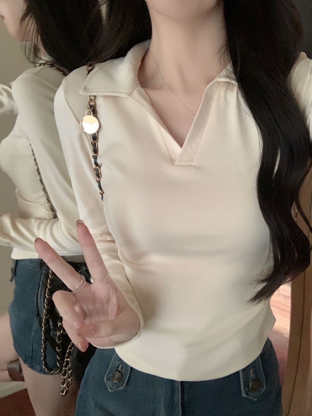 한국 스타일 단색 POLO 칼라 긴팔 티셔츠 여성 가을 펌프 Pleat 허리 수축 디자인 아메리칸 순면 쇼트 스타일 긍정적 인 어깨 의류 상세 이미지 32