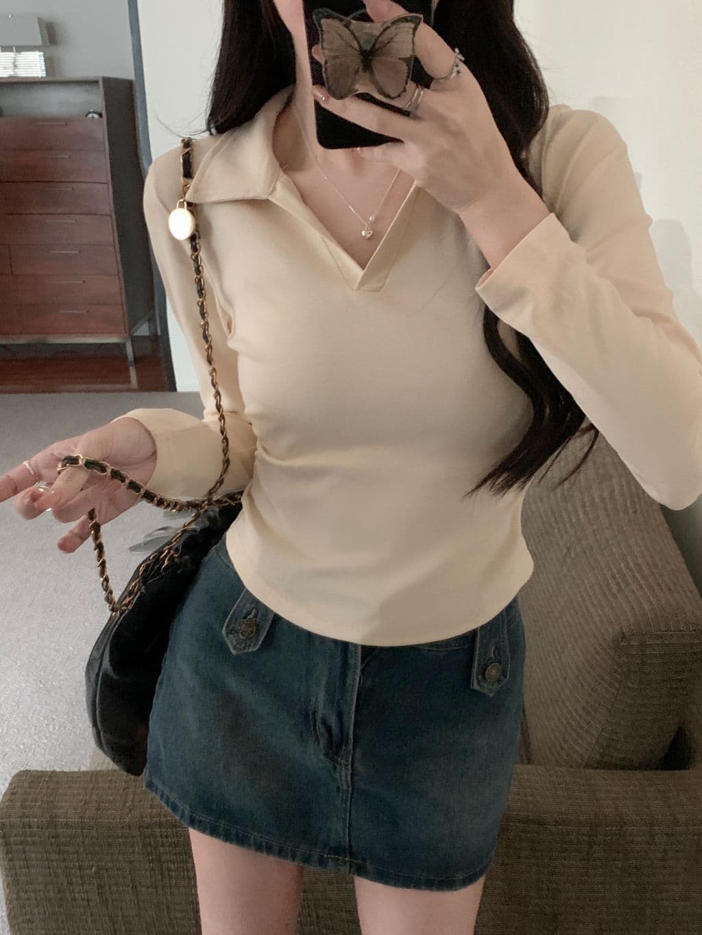 한국 스타일 단색 POLO 칼라 긴팔 티셔츠 여성 가을 펌프 Pleat 허리 수축 디자인 아메리칸 순면 쇼트 스타일 긍정적 인 어깨 의류 상세 이미지 35