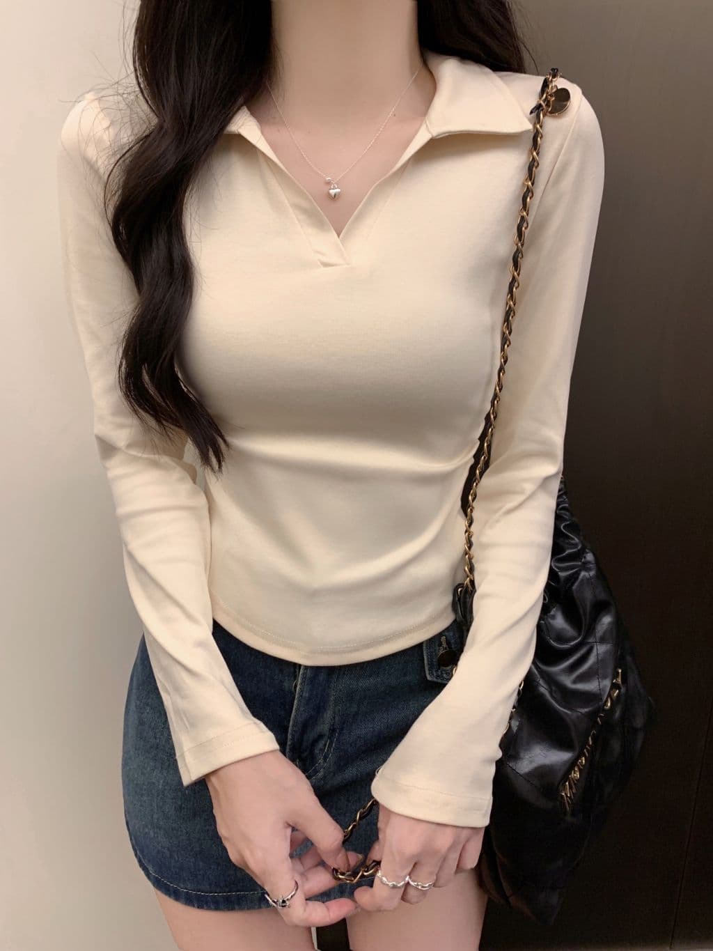한국 스타일 단색 POLO 칼라 긴팔 티셔츠 여성 가을 펌프 Pleat 허리 수축 디자인 아메리칸 순면 쇼트 스타일 긍정적 인 어깨 의류 상세 이미지 37