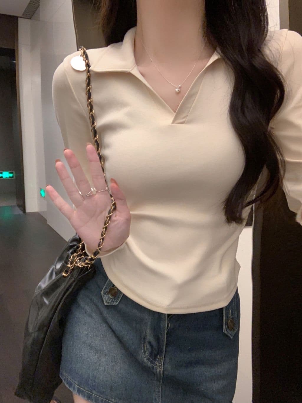 한국 스타일 단색 POLO 칼라 긴팔 티셔츠 여성 가을 펌프 Pleat 허리 수축 디자인 아메리칸 순면 쇼트 스타일 긍정적 인 어깨 의류 상세 이미지 38