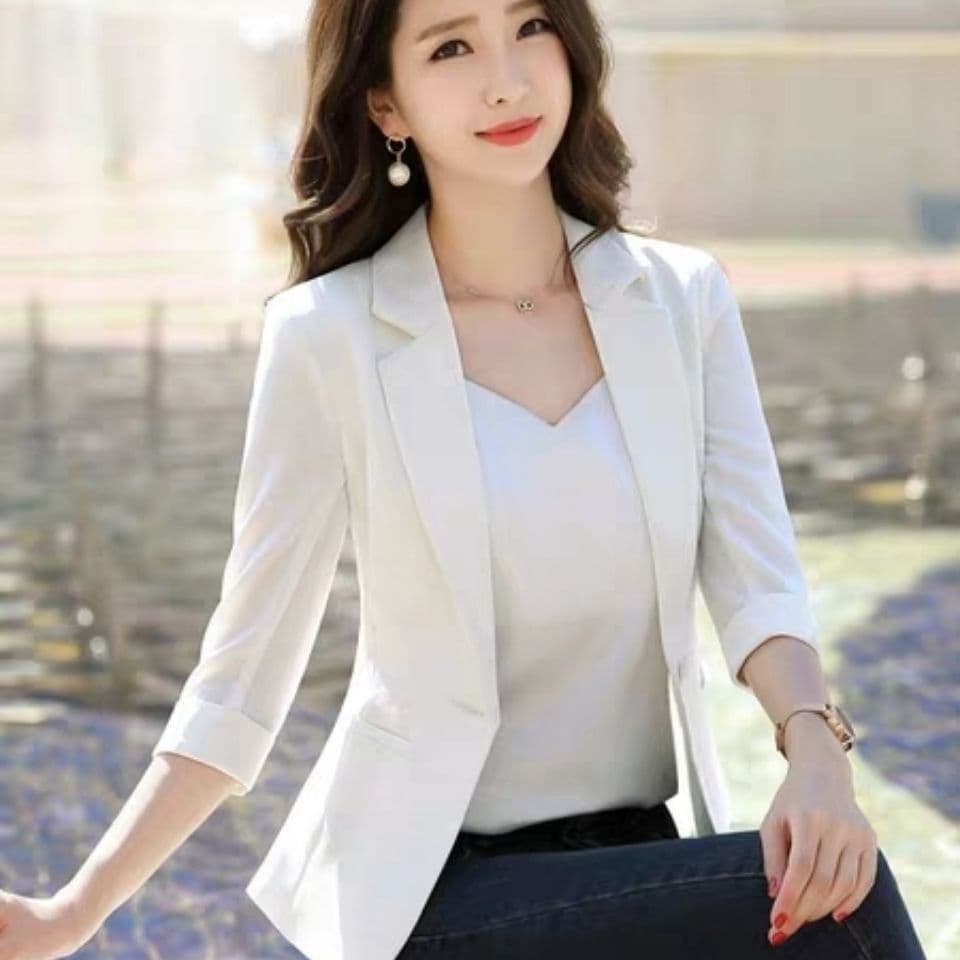 정장 7부 소매 재킷 여성 봄 가을 새로운 몸매 가꾸기 한국 스타일 캐주얼 다용도 작은 키 맨위 정장 출퇴근 이미지 4