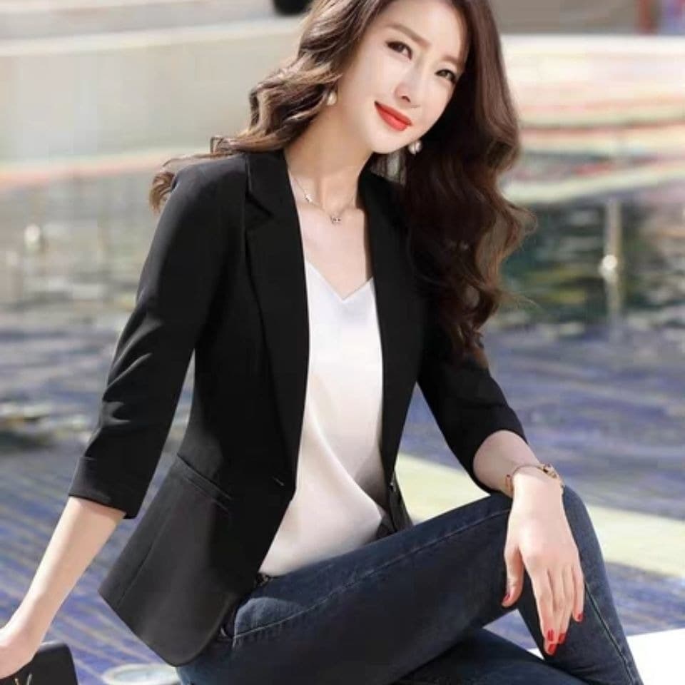 정장 7부 소매 재킷 여성 봄 가을 새로운 몸매 가꾸기 한국 스타일 캐주얼 다용도 작은 키 맨위 정장 출퇴근 이미지 3