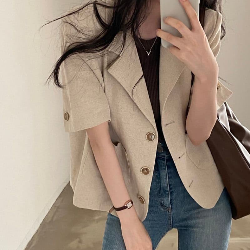 한국 chic 품격 얇은 스타일 반팔 정장 여성 코트 여름 새로운 고급 센스 정장 소금 부서 외부 잡아라. 의류