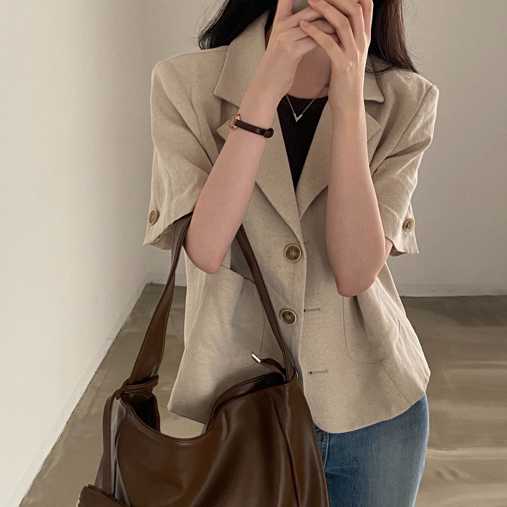 한국 chic 품격 얇은 스타일 반팔 정장 여성 코트 여름 새로운 고급 센스 정장 소금 부서 외부 잡아라. 의류 상세 이미지 5