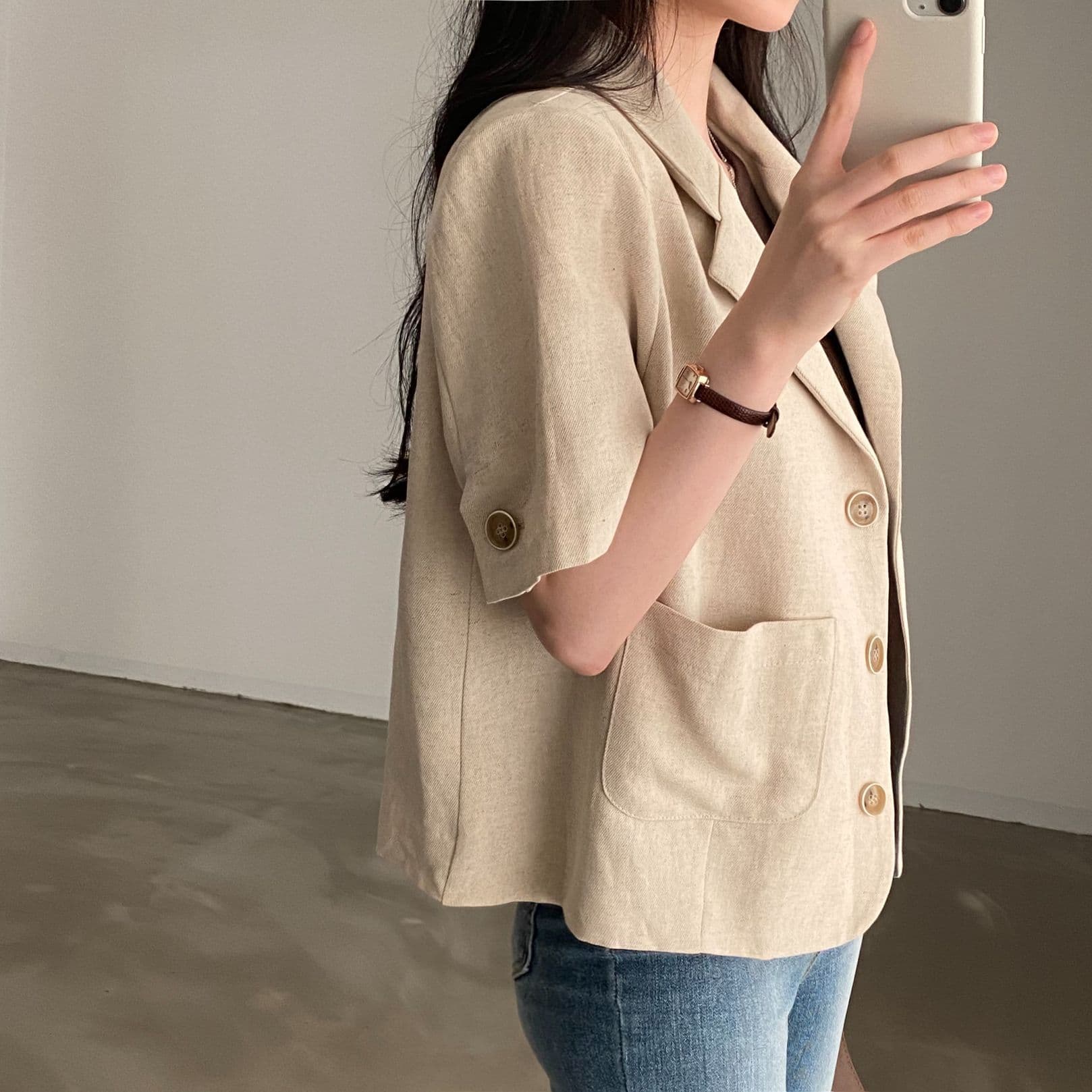 한국 chic 품격 얇은 스타일 반팔 정장 여성 코트 여름 새로운 고급 센스 정장 소금 부서 외부 잡아라. 의류 상세 이미지 13