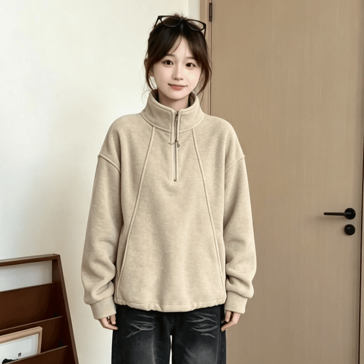 한국 스타일 좋은 품질 하프 지퍼 스탠드 칼라 후드티 여성 가을 겨울철 새로운 털이 있고 두꺼운 루즈핏 느긋한 바람 섹션 맨위 이미지 4