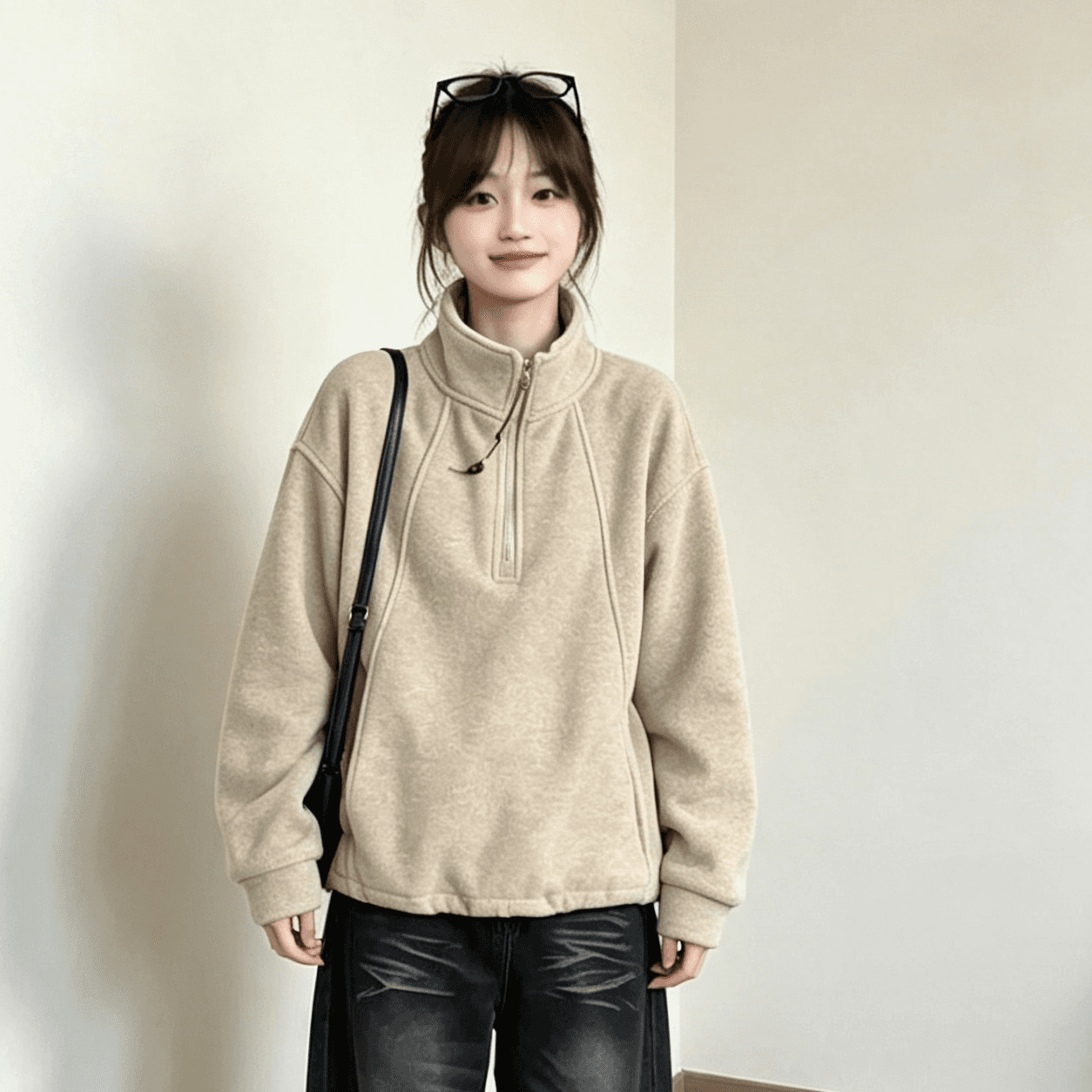 한국 스타일 좋은 품질 하프 지퍼 스탠드 칼라 후드티 여성 가을 겨울철 새로운 털이 있고 두꺼운 루즈핏 느긋한 바람 섹션 맨위 상세 이미지 4