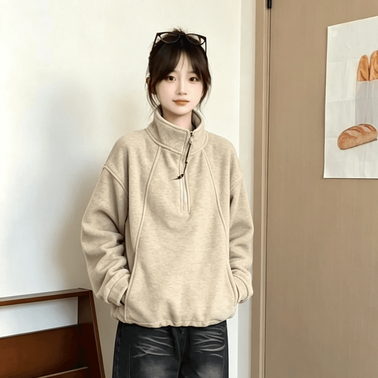 한국 스타일 좋은 품질 하프 지퍼 스탠드 칼라 후드티 여성 가을 겨울철 새로운 털이 있고 두꺼운 루즈핏 느긋한 바람 섹션 맨위 상세 이미지 5