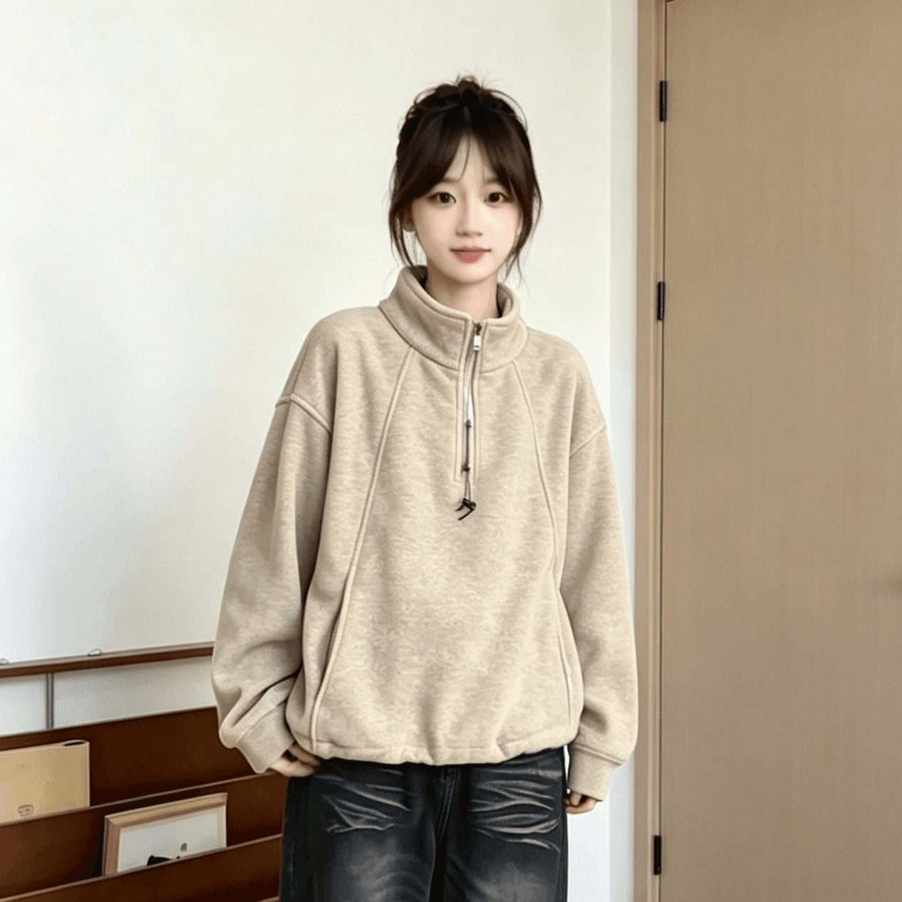 한국 스타일 좋은 품질 하프 지퍼 스탠드 칼라 후드티 여성 가을 겨울철 새로운 털이 있고 두꺼운 루즈핏 느긋한 바람 섹션 맨위 상세 이미지 6