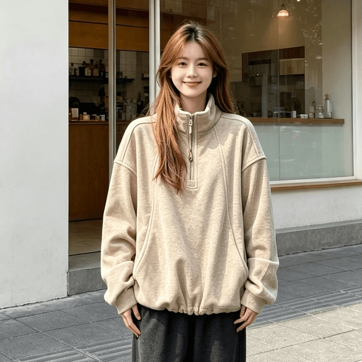 한국 스타일 좋은 품질 하프 지퍼 스탠드 칼라 후드티 여성 가을 겨울철 새로운 털이 있고 두꺼운 루즈핏 느긋한 바람 섹션 맨위 상세 이미지 7