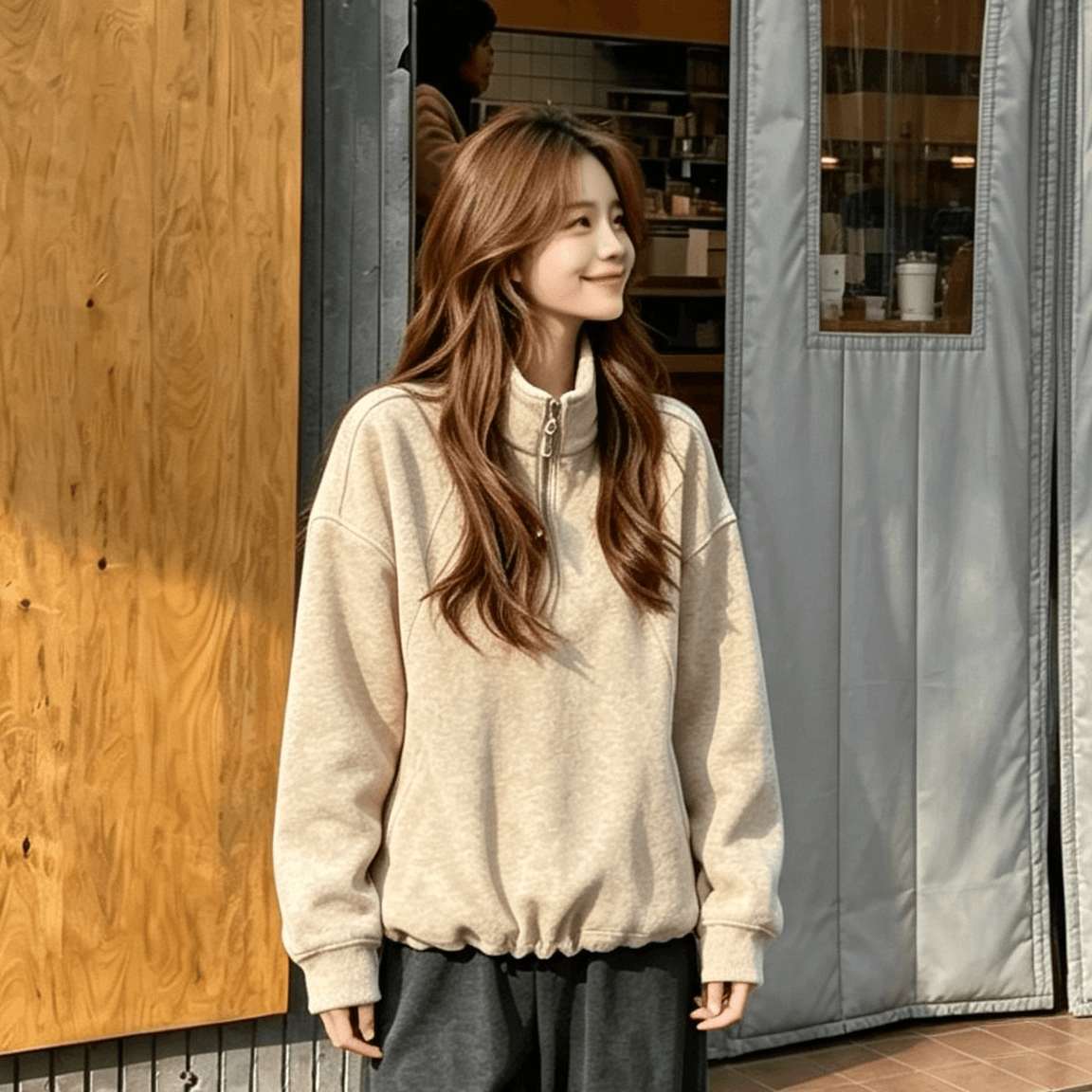 한국 스타일 좋은 품질 하프 지퍼 스탠드 칼라 후드티 여성 가을 겨울철 새로운 털이 있고 두꺼운 루즈핏 느긋한 바람 섹션 맨위 상세 이미지 9