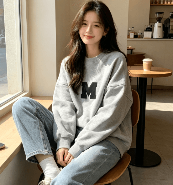 한국 스타일 레트로 회색 루즈핏 알파벳 프레스 레터 라운드 넥 긴팔 후드티 여성 봄 가을 캐주얼 학원 스타일 맨위 트렌디 상세 이미지 1