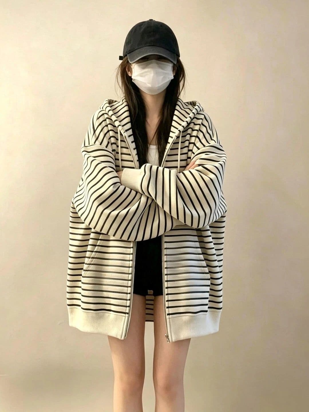 한 부서 레트로 스트라이프 후드 티 스웨터 여성 봄 가을 oversize 얇은 스타일 재킷 루즈핏 느긋한 오픈 가디건 맨위 이미지 2