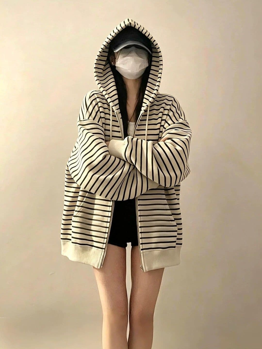 한 부서 레트로 스트라이프 후드 티 스웨터 여성 봄 가을 oversize 얇은 스타일 재킷 루즈핏 느긋한 오픈 가디건 맨위 상세 이미지 2