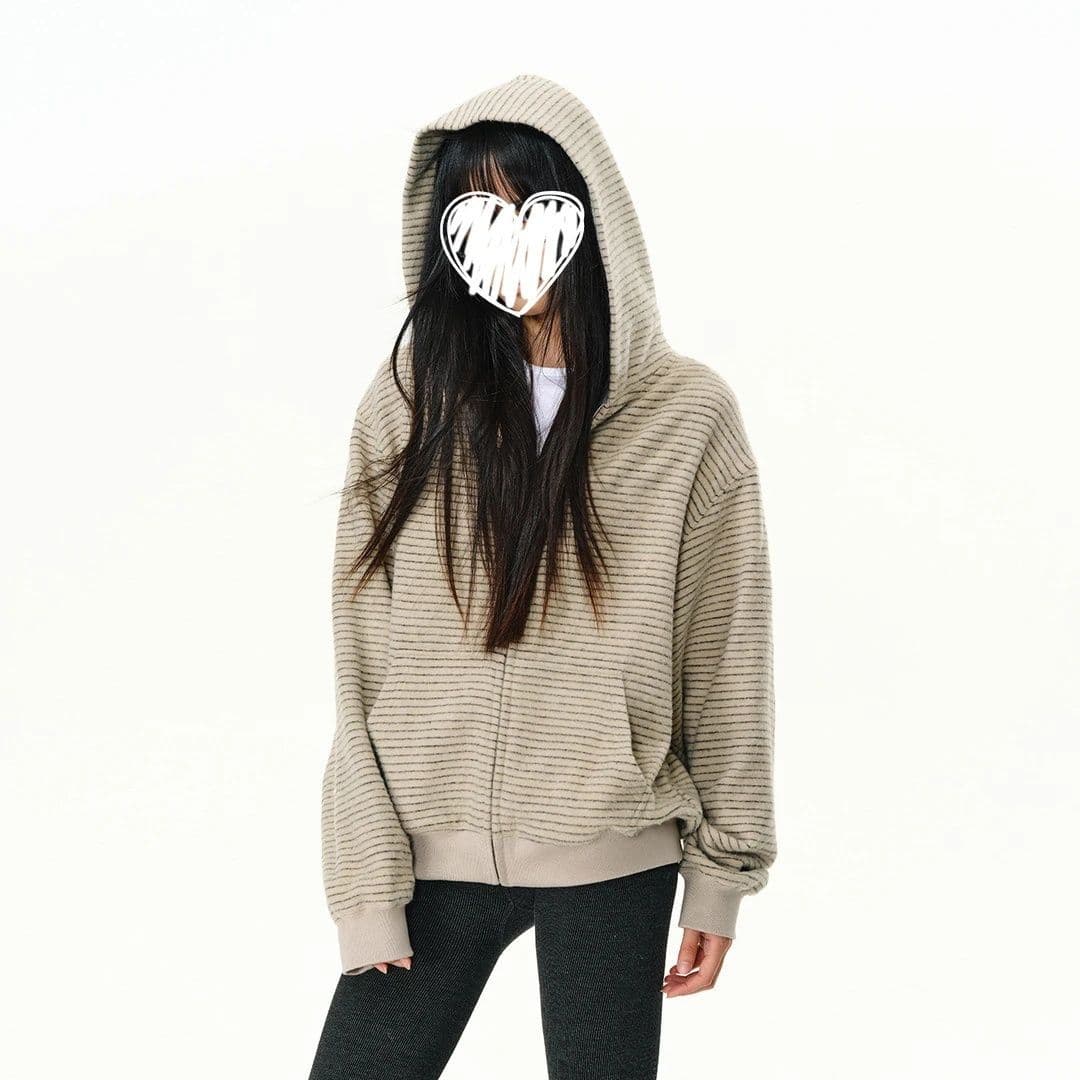 가을 스트라이프 후드 티 스웨터 여성 코트 새로운 작은 대중 디자인 센스 캐주얼 루즈핏 아메리칸 오픈 가디건 이미지 3